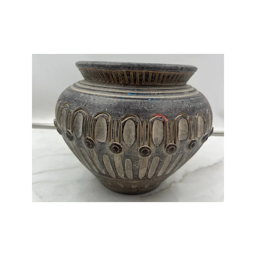 Vintage Thai Hand Carved Pottery Vessel Charcoal Gray Textured Decorative Pot